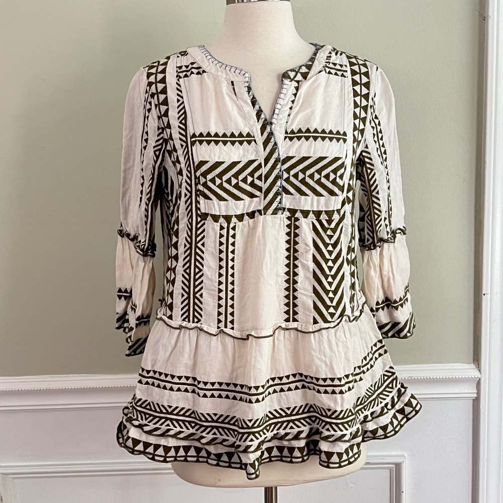 John Mark Top Blouse Women Small 3/4 Bell Sleeve White Olive Boho Hippie